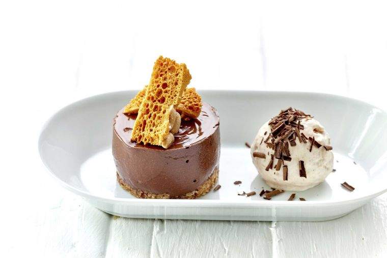 Chocolate delice with gin & rhubarb ice cream & salted peanut honeycomb recipe