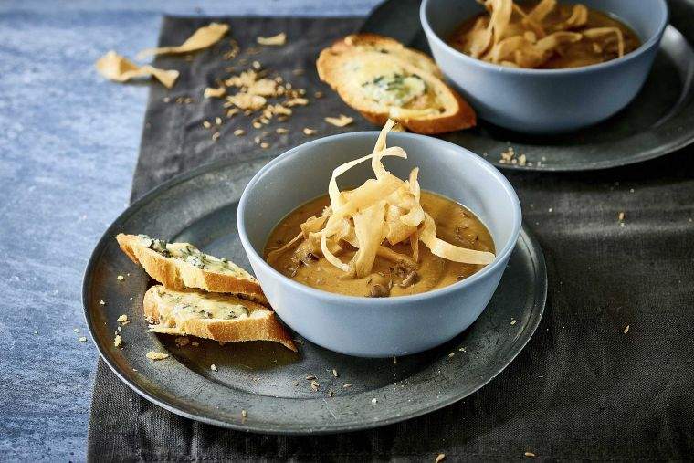 Sweet potato & chestnut soup with blue cheese toasts recipe